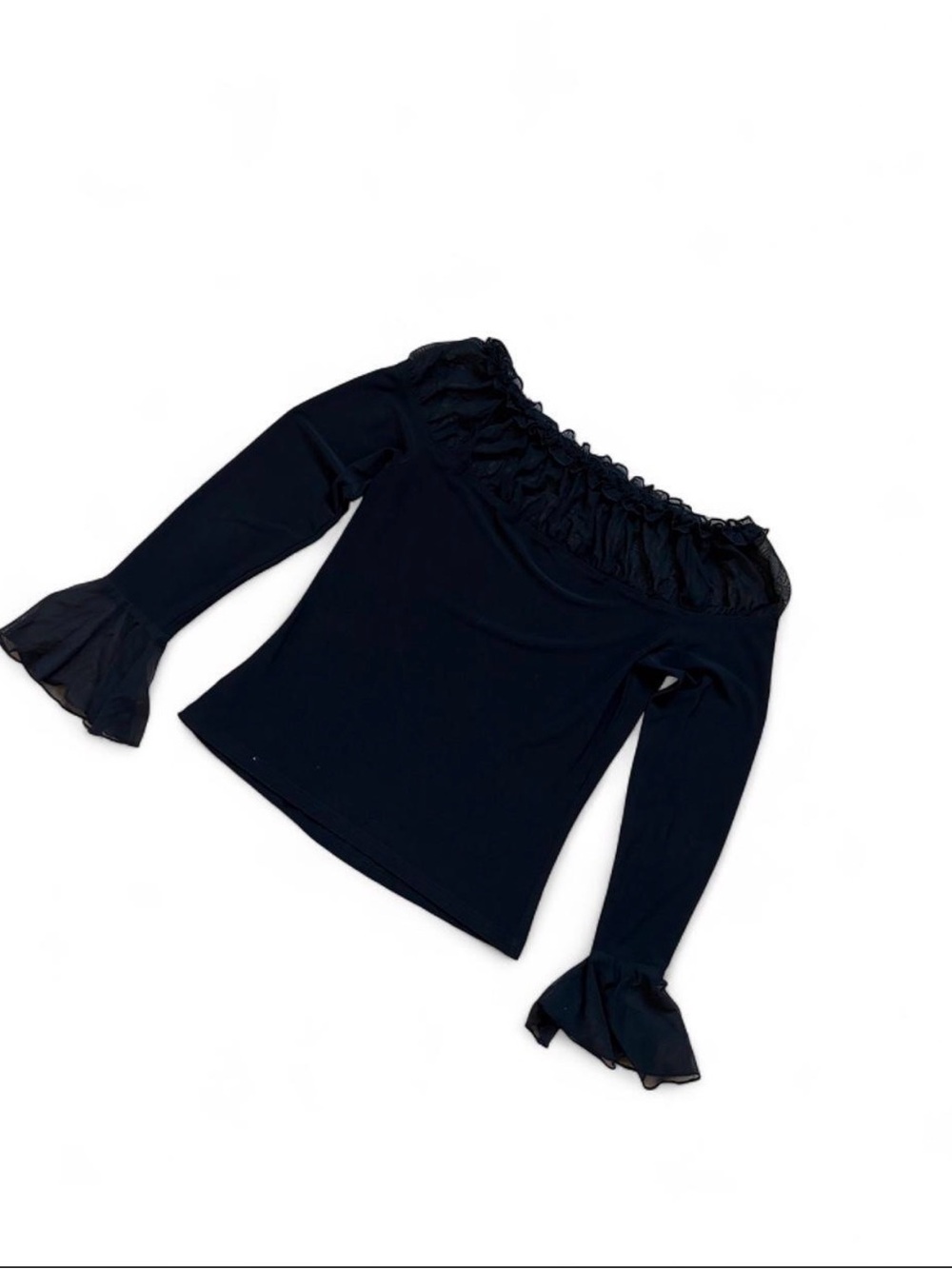 Off-Shoulder Ruffle Long Sleeve Top - Black